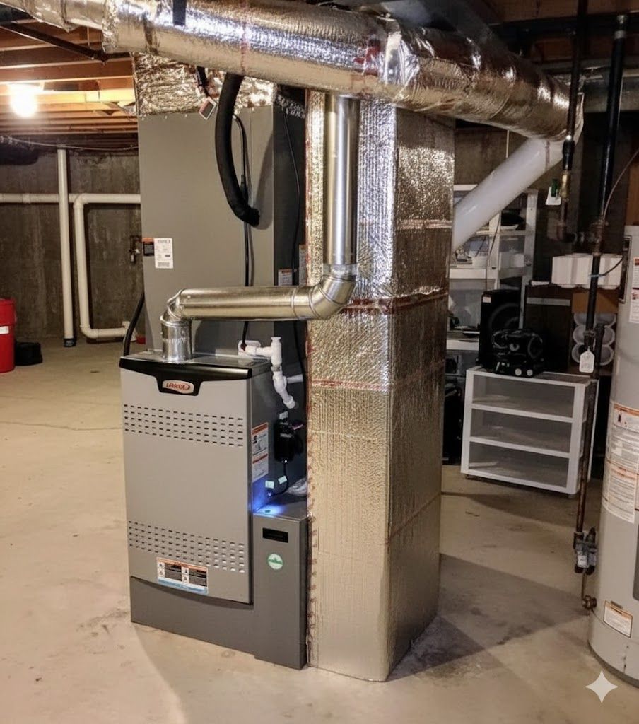 Furnace in a basement, surrounded by ductwork. 