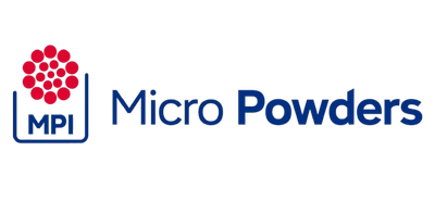 Logo for Micro Powders featuring a red circular cluster of dots above a blue 