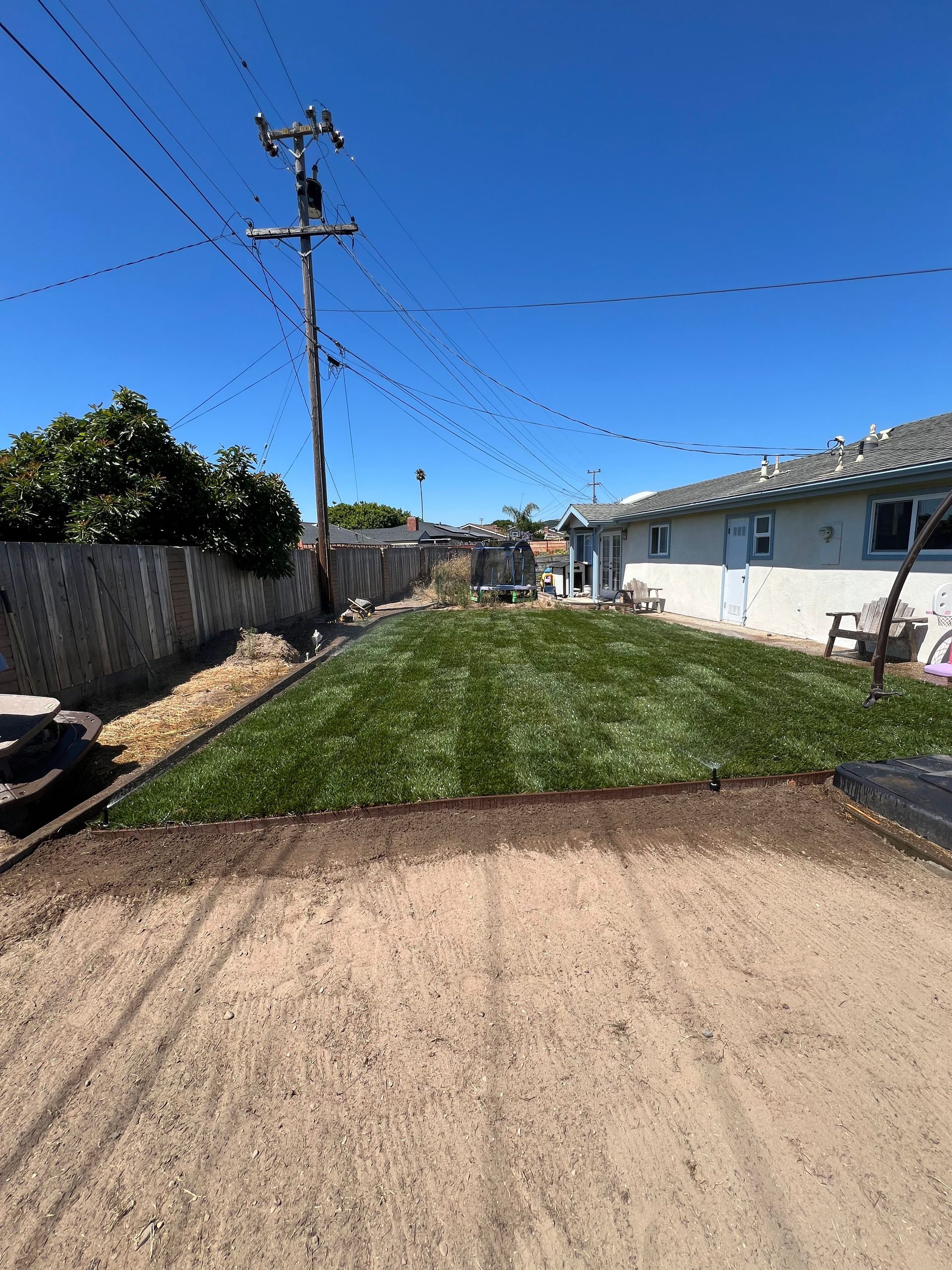 Backyard with a newly laid green lawn bordering a dirt area, under a blue sky.