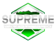 Logo for Supreme Landscape and Maintenance: white text "SUPREME", green and white geometric frame, with grass detail.