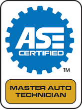 The blue and white ASE Certified gear-shaped logo. | Cornerstone Auto Solutions
