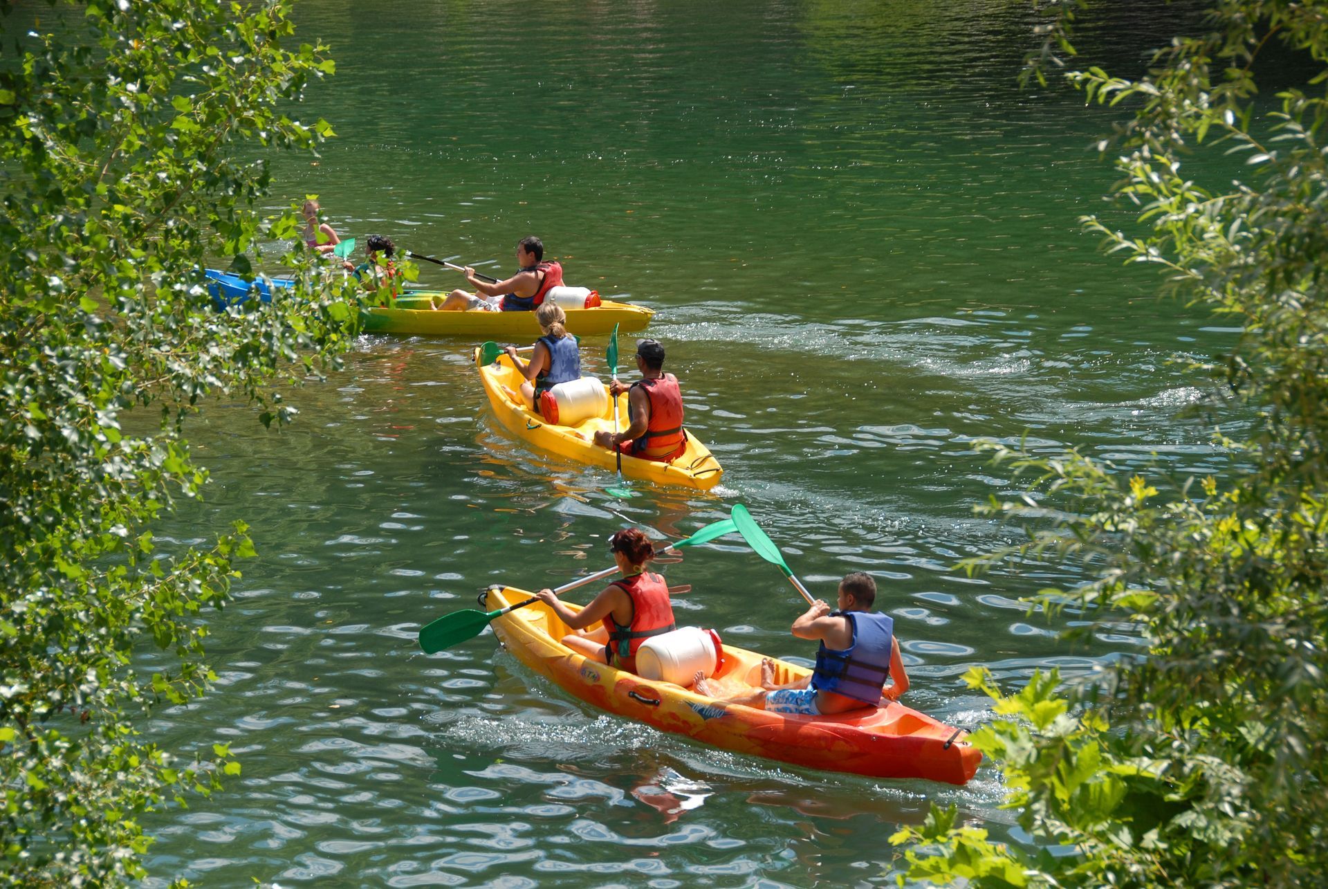 A group of people are paddling kayaks on a lake