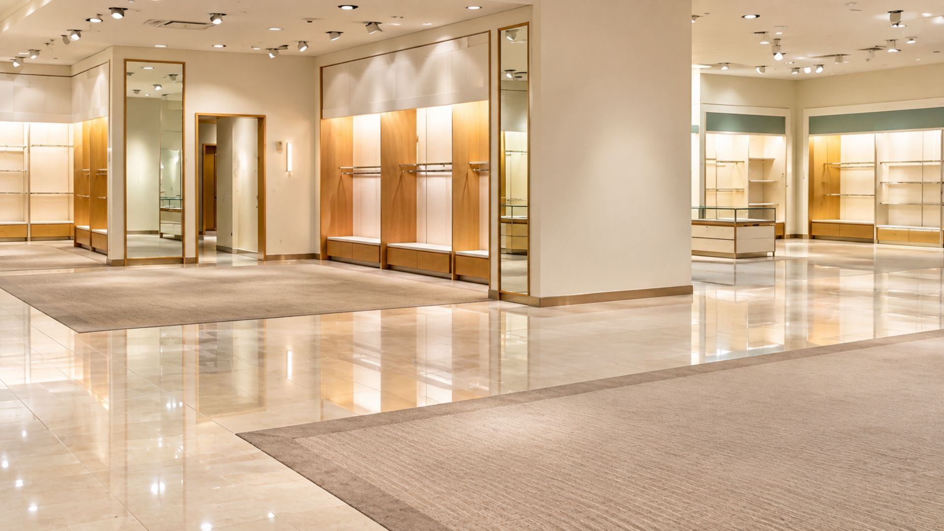 Empty, brightly lit retail showroom with glossy floors and glass display walls