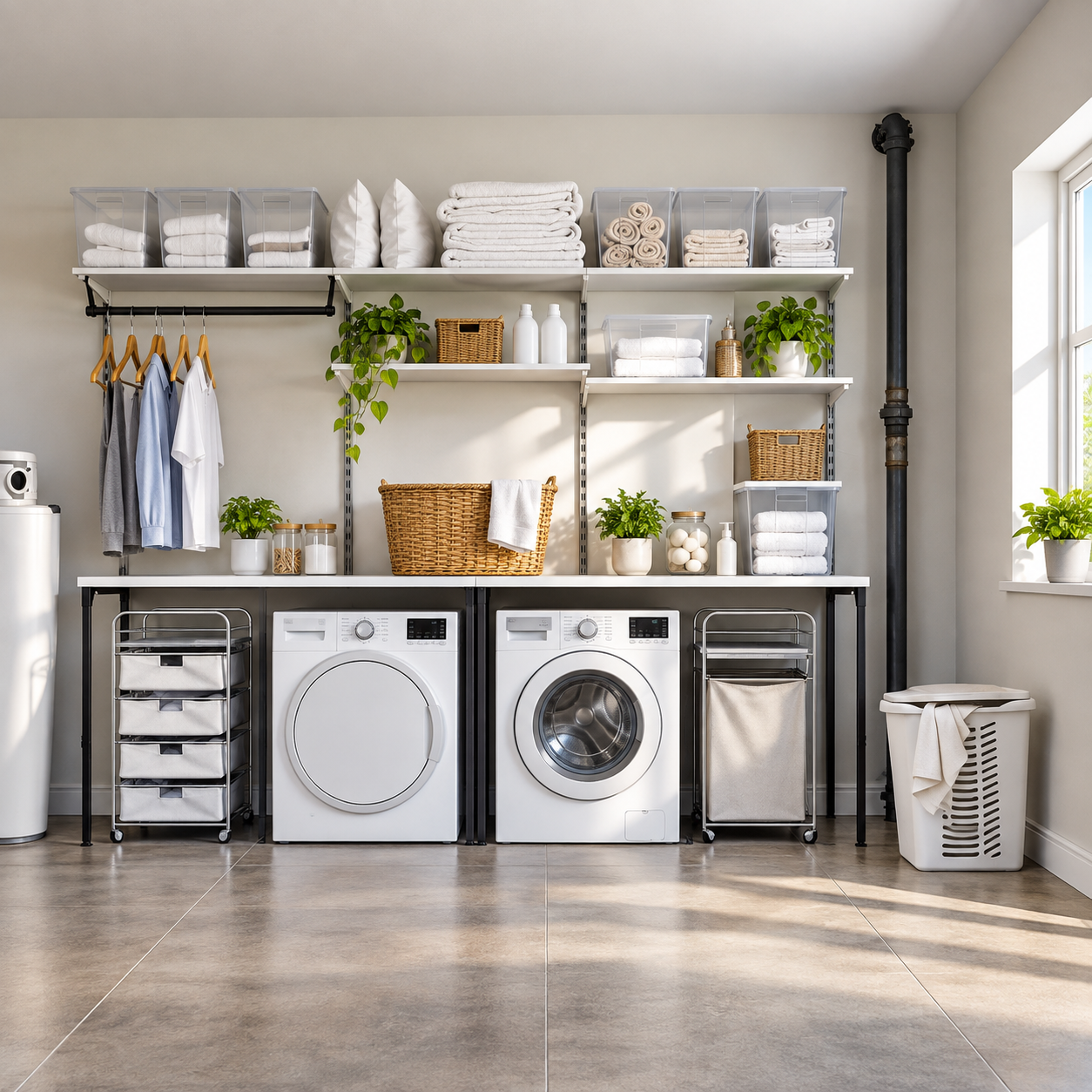 Laundry room with stacked washer and dryer, shelves of folded linens, baskets, and hanging clothes