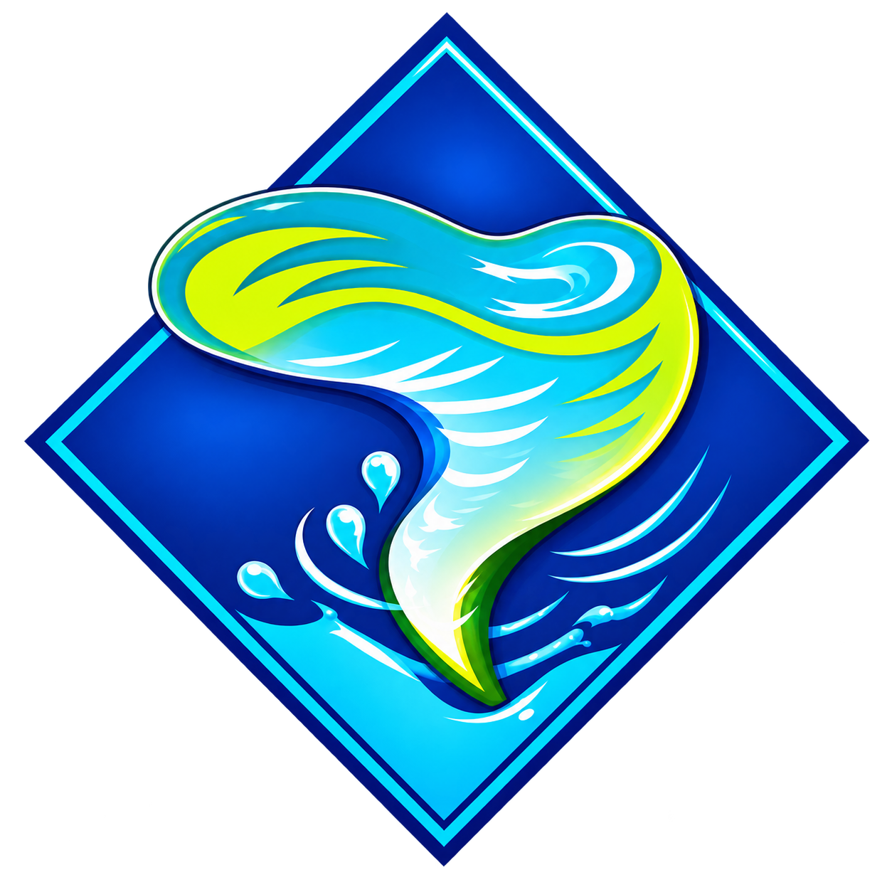 Stylized turquoise and yellow whirlpool swirl inside a blue diamond icon