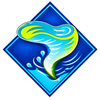 Blue diamond logo with a teal and lime swirl over stylized water waves