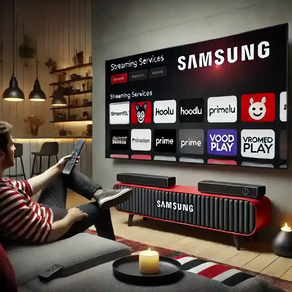Person streaming content on Samsung TV with fictional streaming services like Streamtix, Hoolu, PrimeVision, and VoodooPlay in a stylish living room. Best streaming service for Samsung device owners—freedom from cable with online streaming.