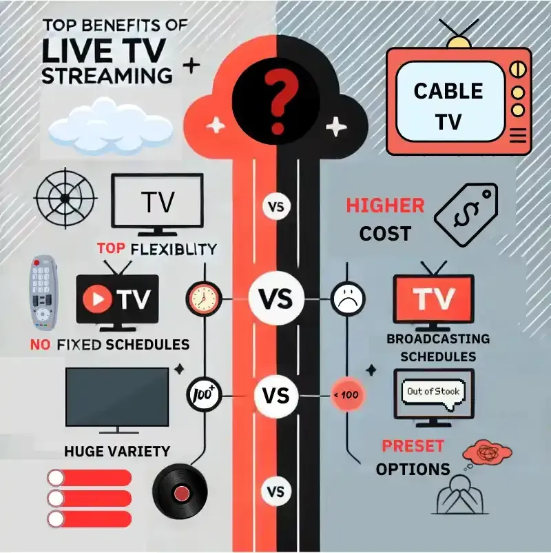 Illustration comparing IPTV and traditional TV, highlighting the flexibility and control of IPTV versus the limited options of traditional TV.