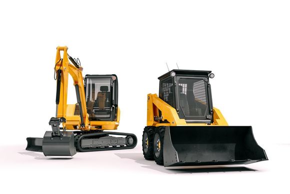 A bulldozer and an excavator are sitting next to each other on a white background.