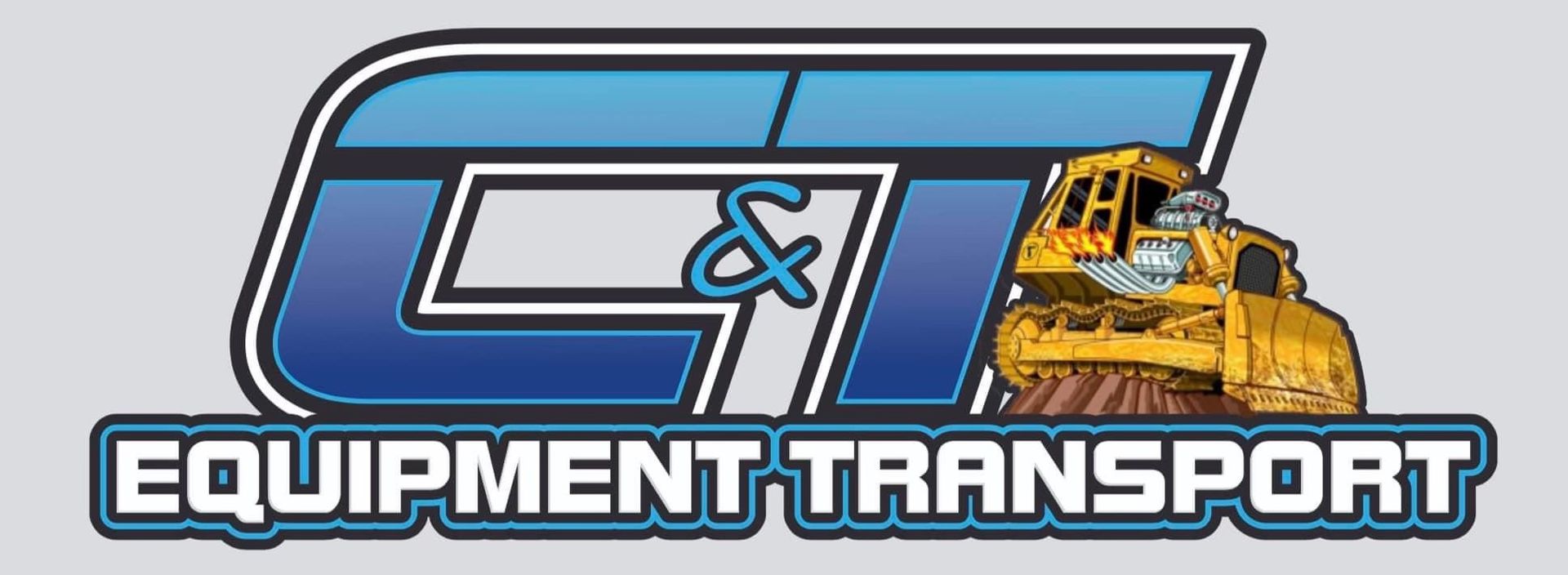 A logo for equipment transport with a train in the background.