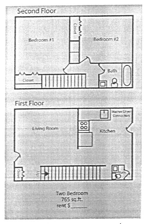 Floor Plan: 2 Bed · 1.5 Bath · 765 SQ. FT.