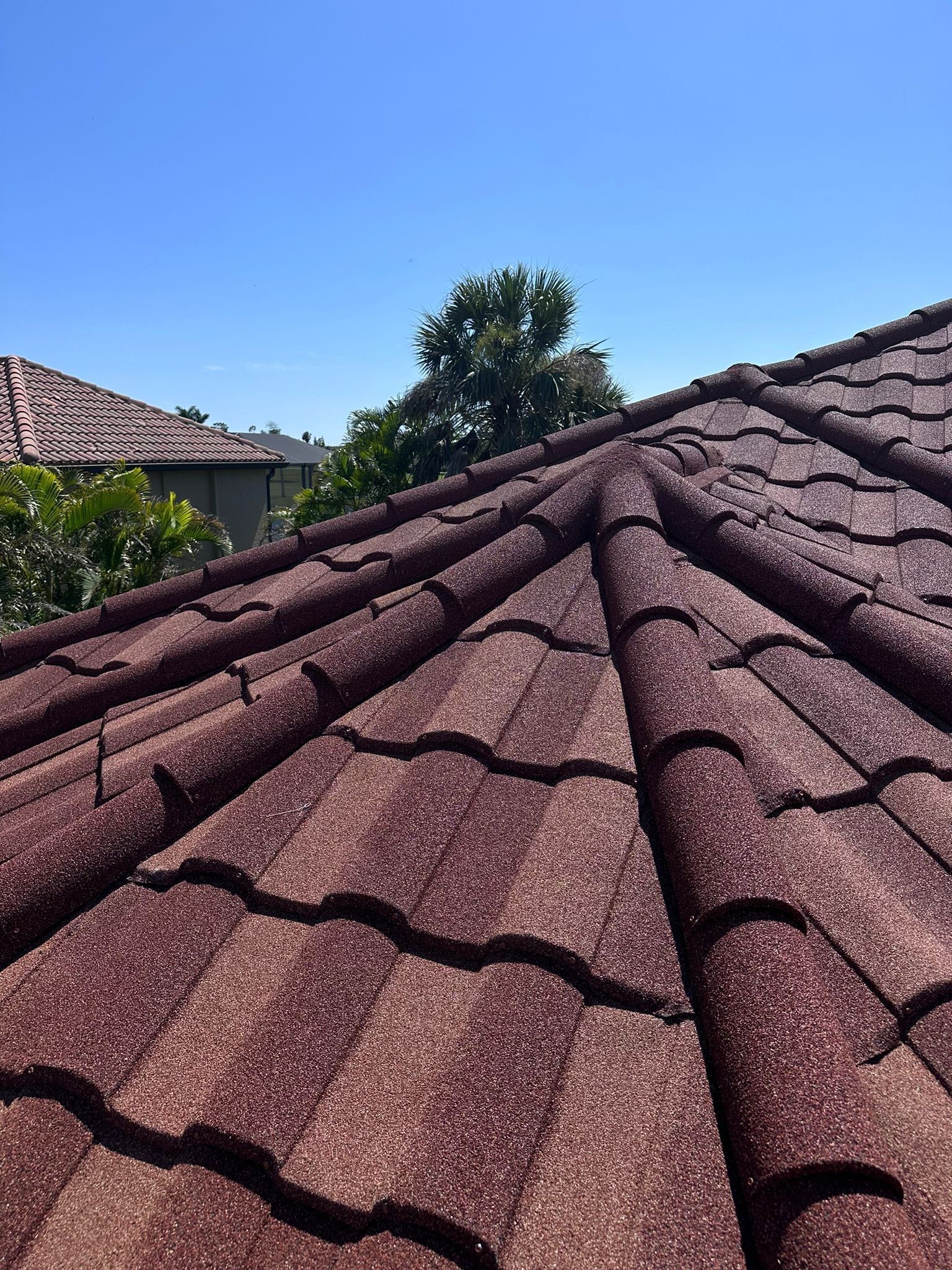 Close-up of a brown textured roof with a blue sky background and some trees.
