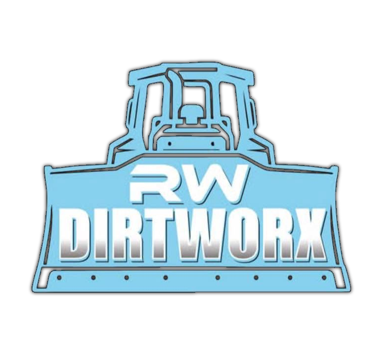 Blue RW DirtWorx logo with a bulldozer graphic and bold white text