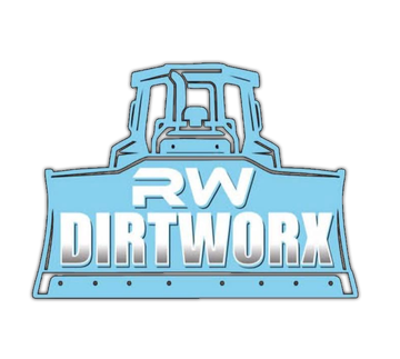 Blue RW DirtWorx logo with a bulldozer graphic and bold white text