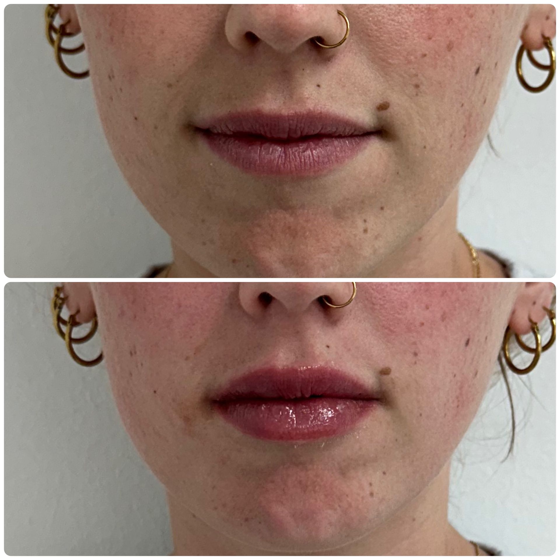 A before and after photo of a woman 's face with a nose ring.