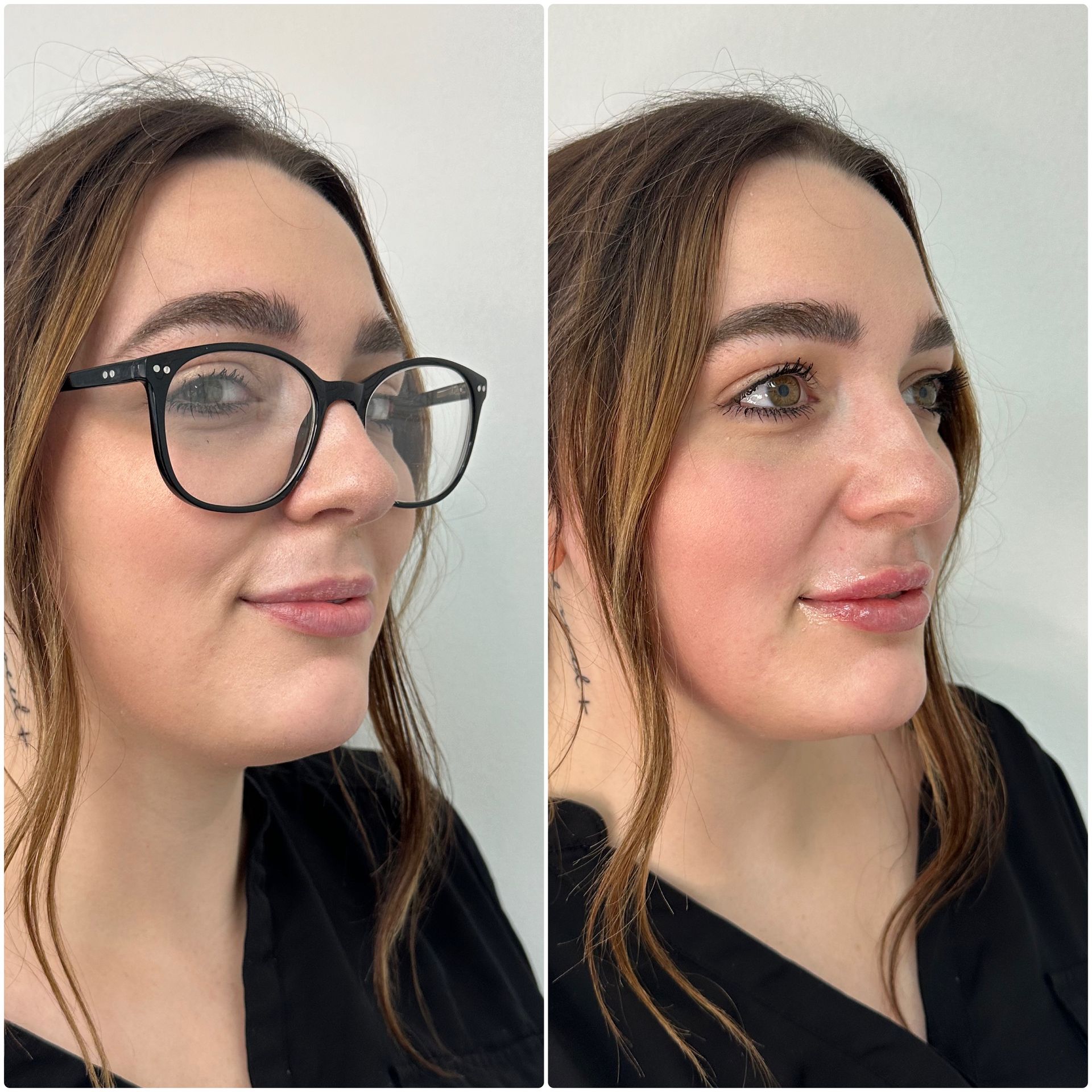A before and after photo of a woman wearing glasses.