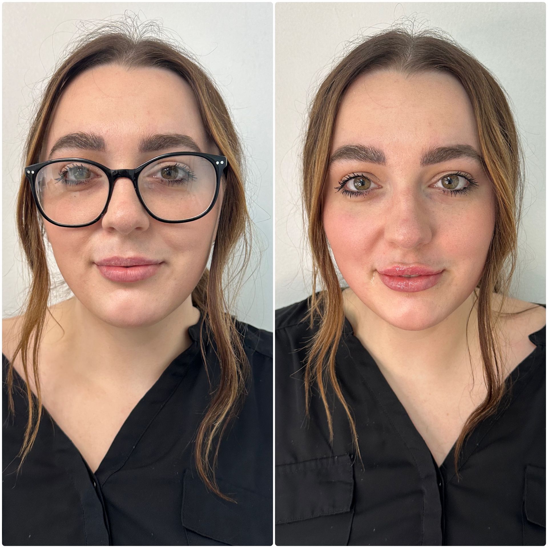 A before and after photo of a woman wearing glasses.