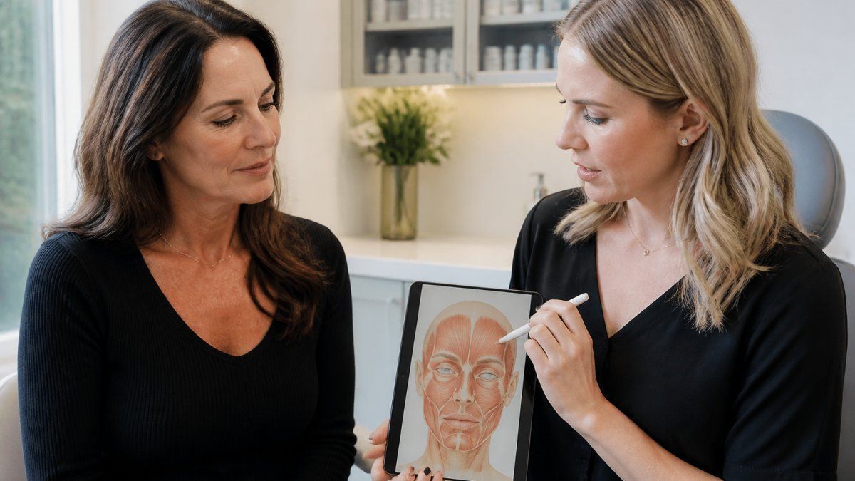 A woman in her forties with a relaxed, natural expression sitting in a bright consultation room, a nurse practitioner pointing to facial anatomy on a tablet between them