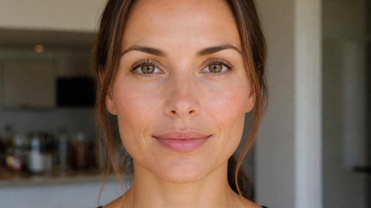 Close-up of woman's face showing balanced facial proportions with symmetrical cheekbones, defined jawline, and harmonious chin projection in natural lighting