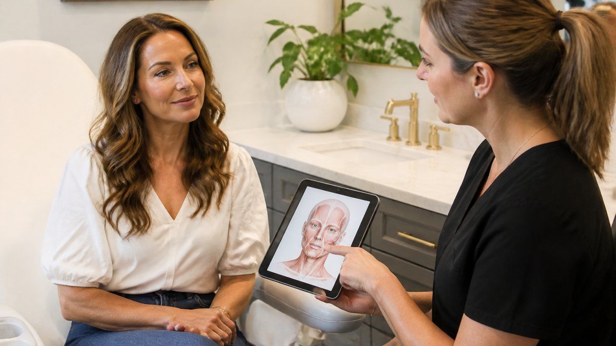 A woman in her 40s sitting in a bright, modern medical spa consultation room, having a calm conversation with a female nurse injector who is pointing at a facial anatomy chart on a tablet, natural makeup, relaxed expression