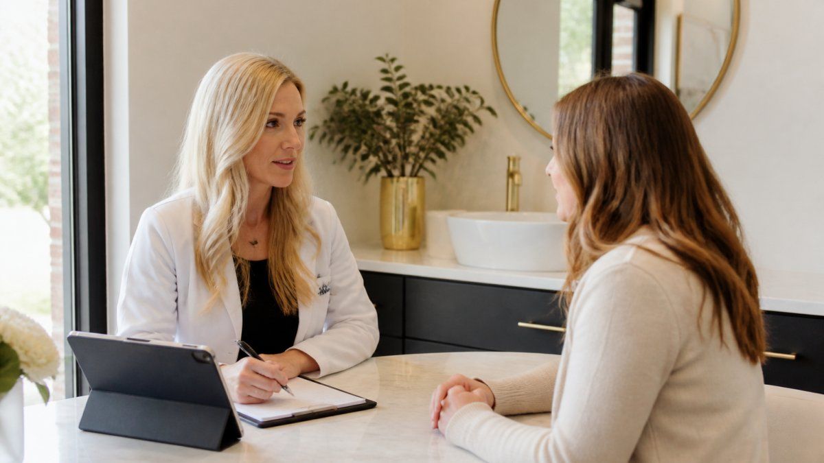 Nurse practitioner discussing a hormone therapy treatment plan with a patient in a modern medical spa room