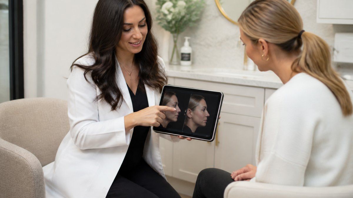 A female aesthetic injector in a white coat sitting across from a female patient in a consultation room, both looking at a tablet with facial analysis, warm and professional atmosphere