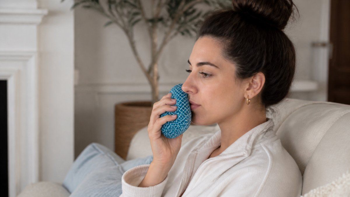 Woman applying a cold compress to her lips, sitting comfortably at home in soft lighting, showing gentle self-care during recovery