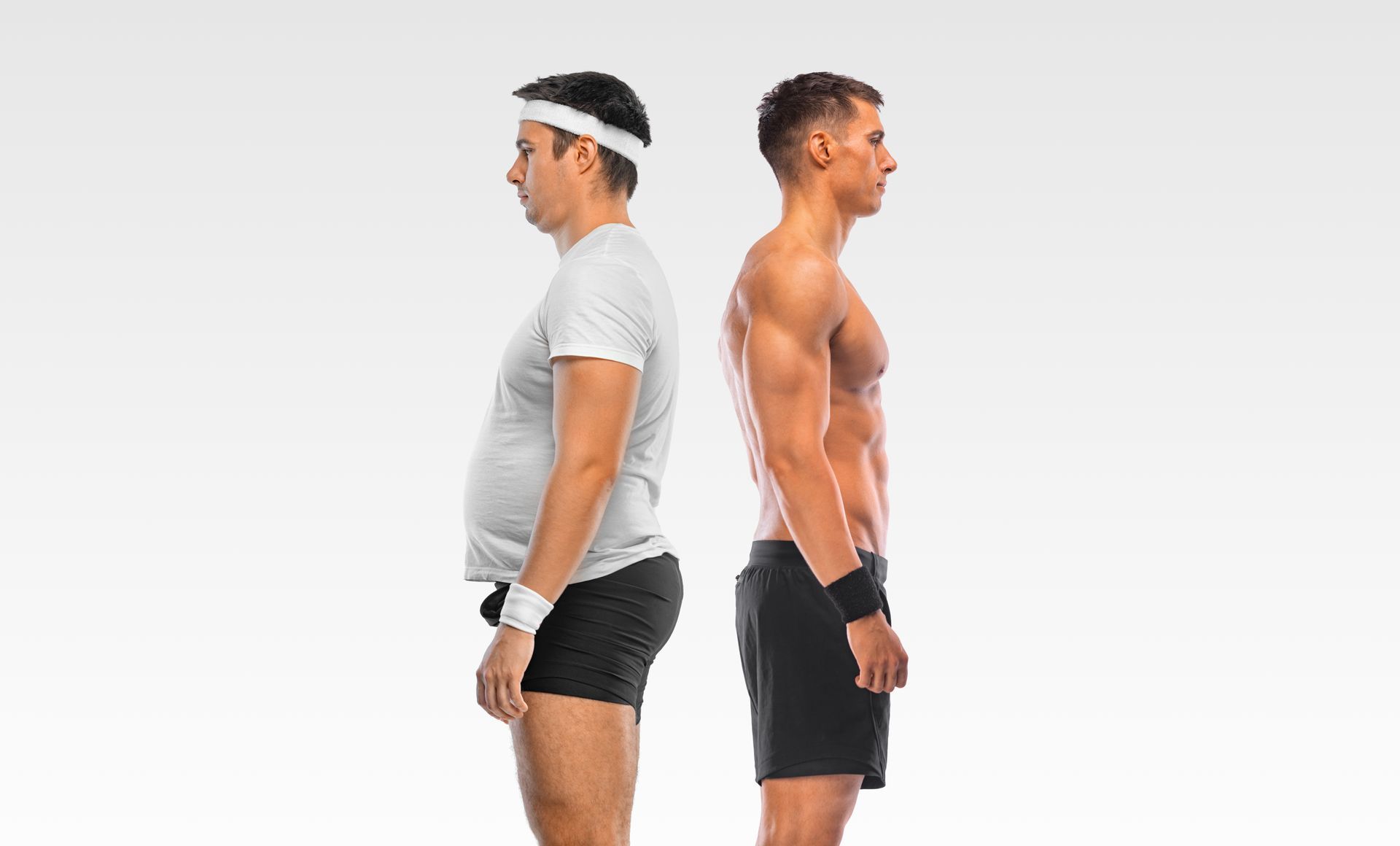 A before and after picture of two men standing next to each other.