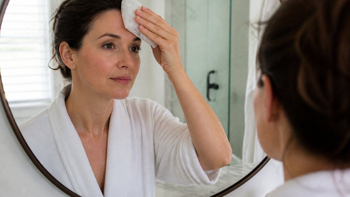 A woman in her forties gently applying a cool compress to her forehead while looking in a bathroom mirror, calm and attentive expression, soft natural light