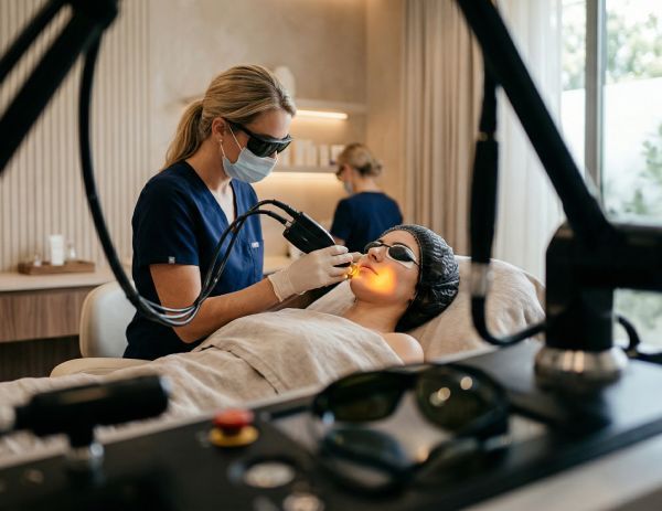 A woman is getting a facial massage at a spa with her eyes closed.