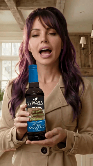 Woman holding a bottle of Suave hair product, standing indoors and speaking with an open mouth.