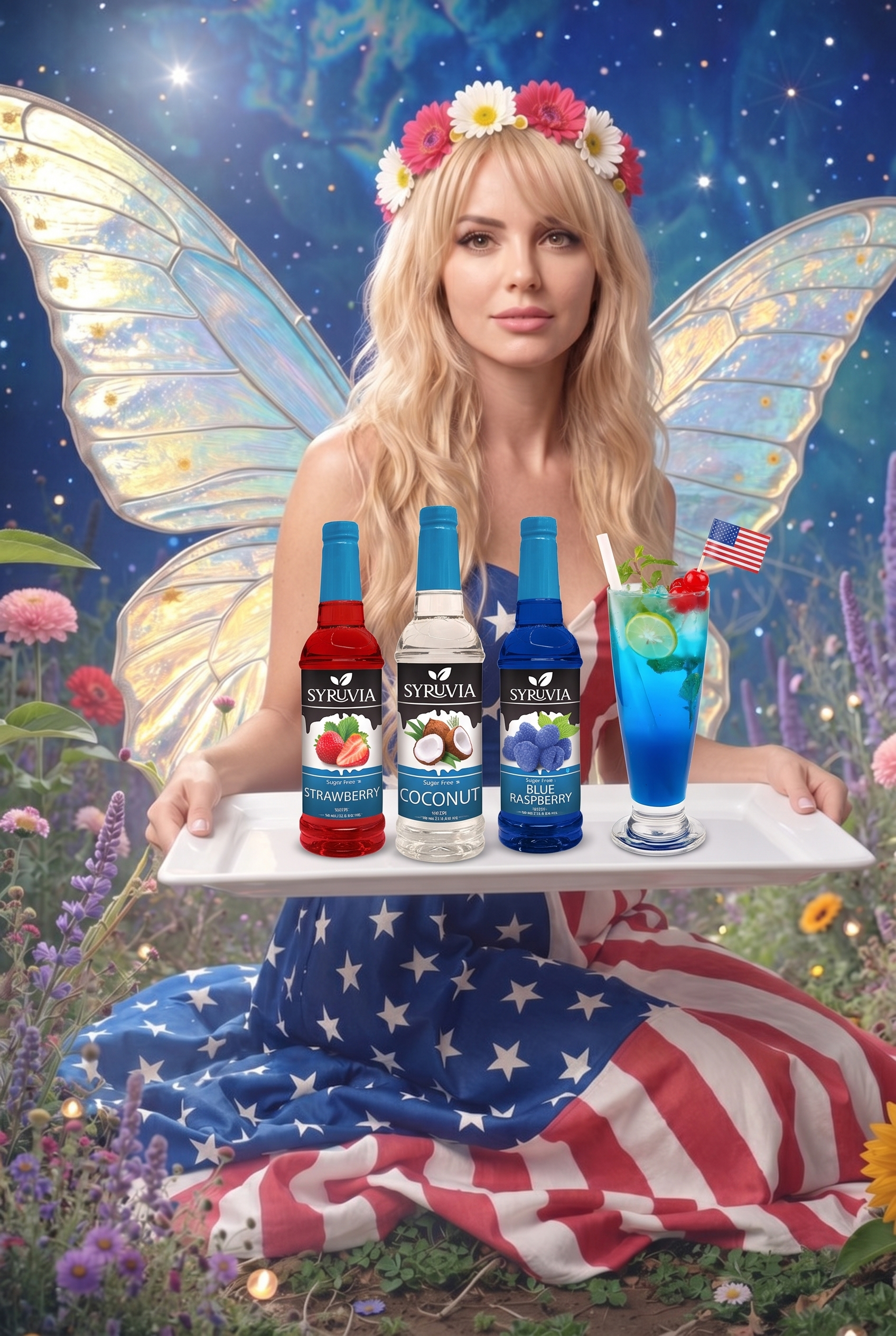 Woman with fairy wings holding blue bottles, standing above a draped U.S. flag.