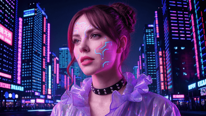 Neon-lit cyberpunk portrait of a person with glowing facial tattoos and a purple jacket in a futuristic cityscape
