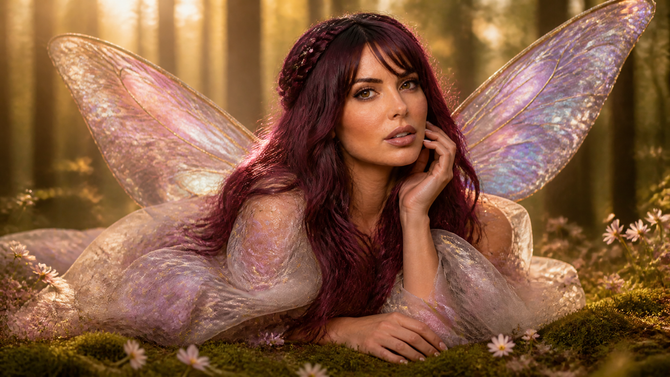 A fairy with translucent blue wings reclines in a misty forest, surrounded by soft green light.