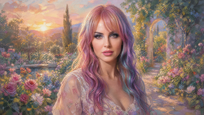 Portrait of a pink-haired woman in a sunlit flower garden with soft pastel blossoms and trees