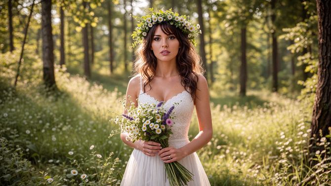 Bride in a white dress holding a bouquet in a sunlit forest, wearing a flower crown.