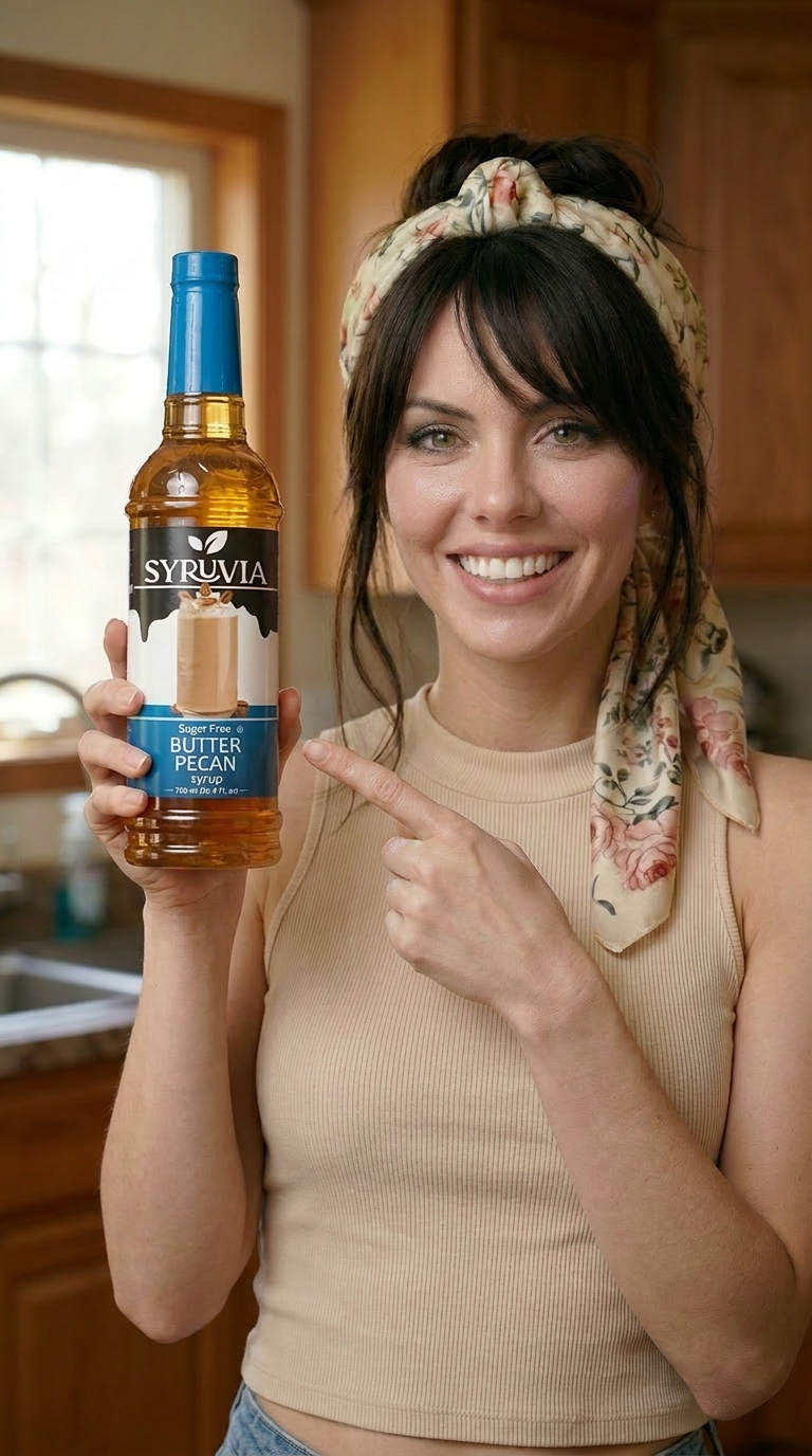 Woman in a beige top holding a bottle of liquor and smiling indoors.