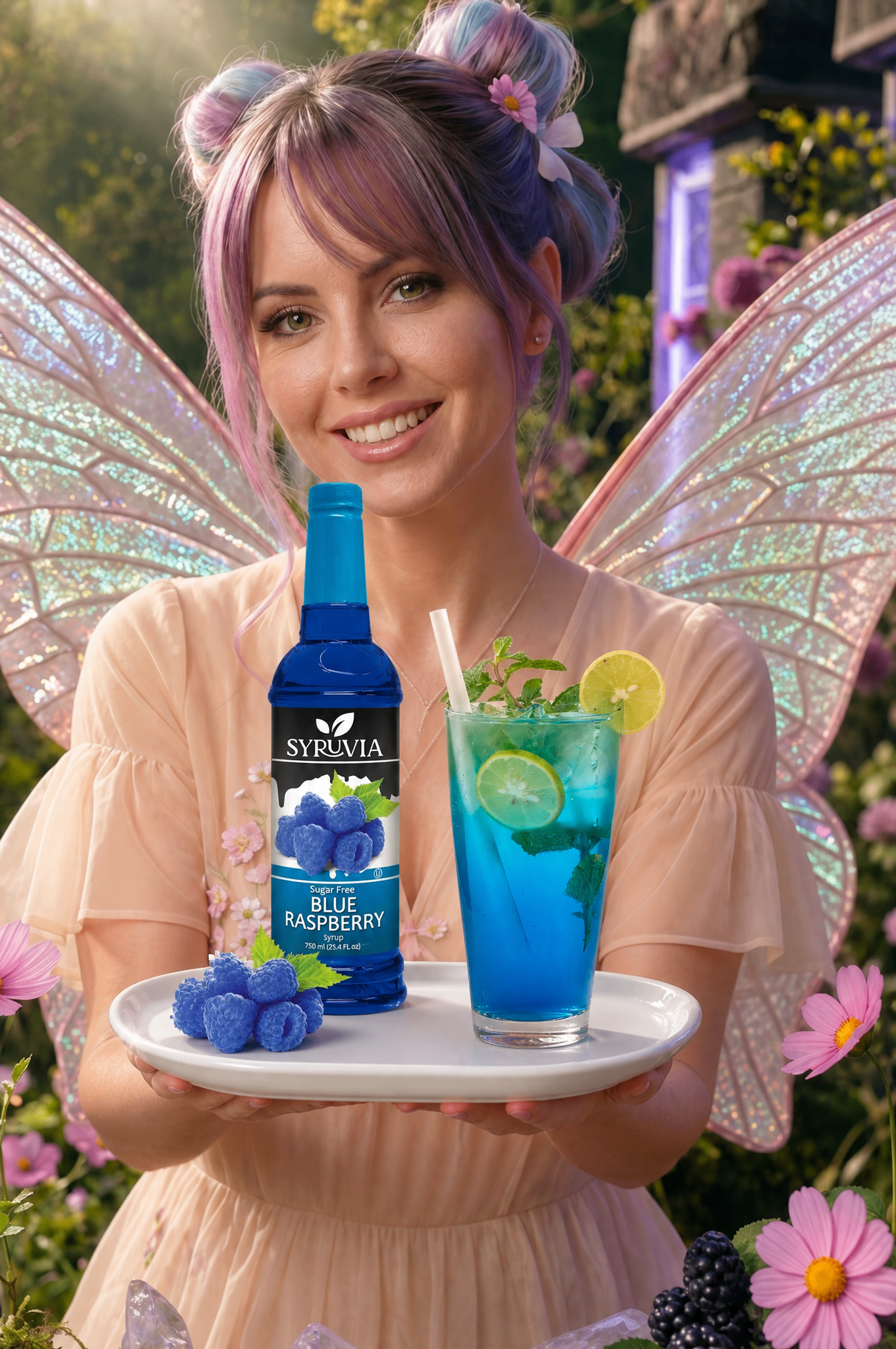 Smiling woman holding a tray with a blue drink and bottle, framed by fairy wings in a garden setting