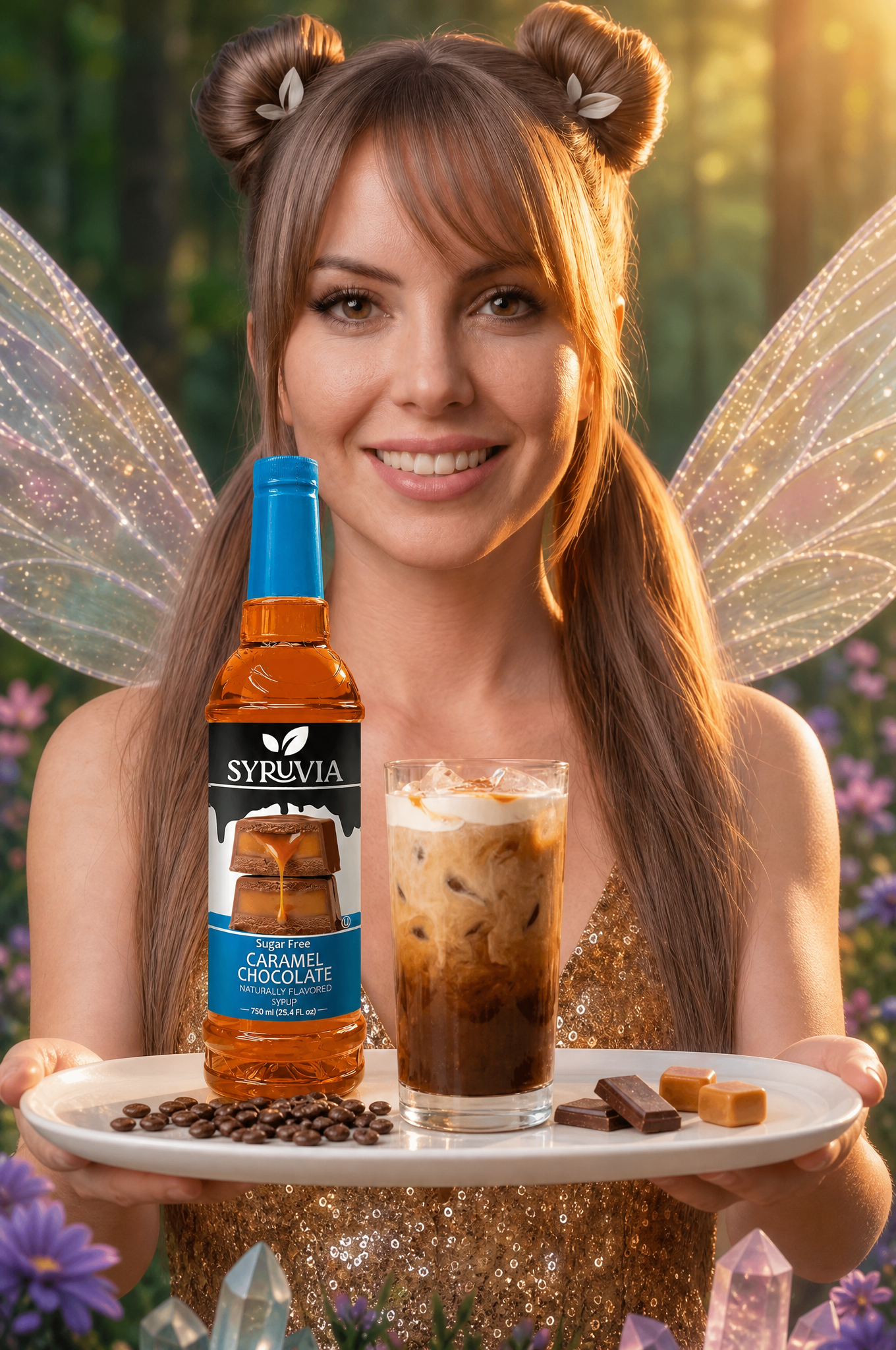 Woman with fairy wings holding a tray with a drink and bottle in a sunny garden