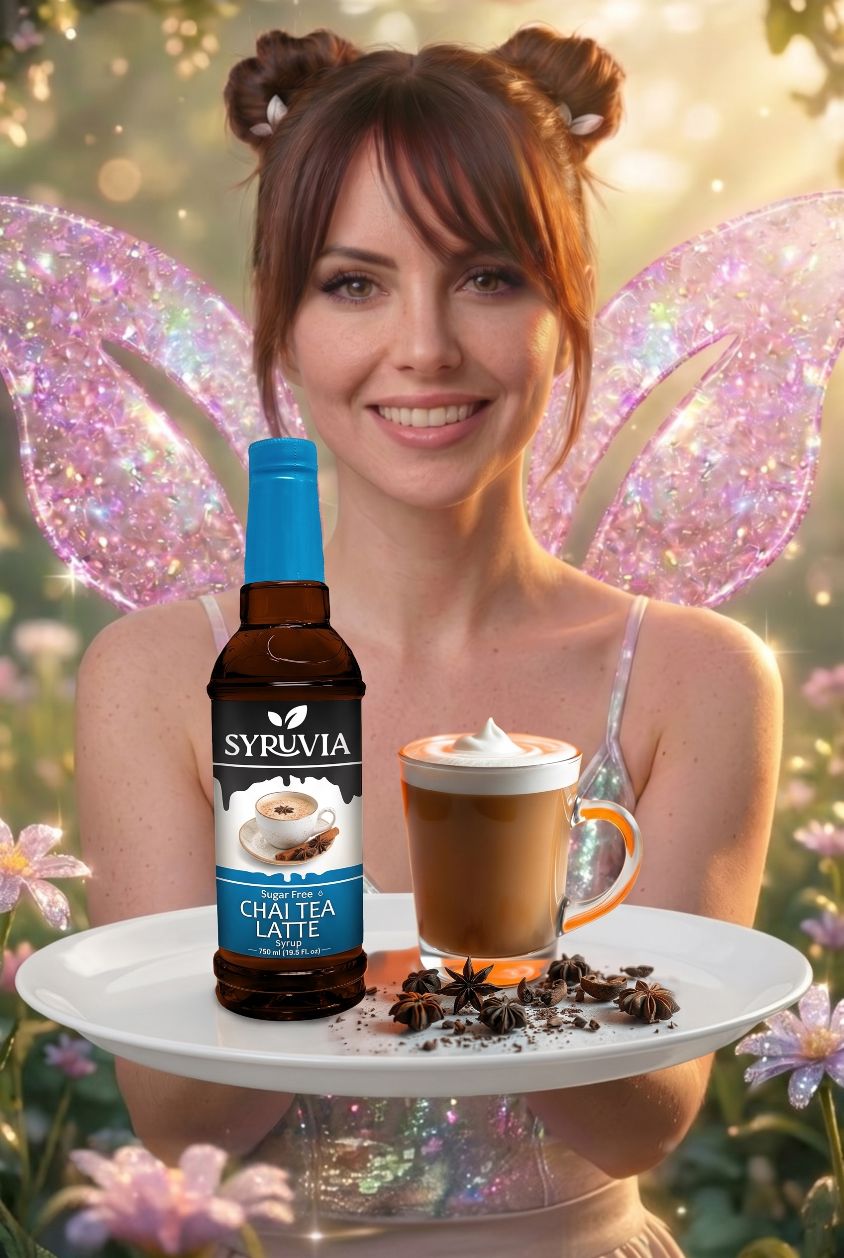 Woman holding a tray with coffee and syrup bottle, smiling in a fairy-lit garden with glittery wings