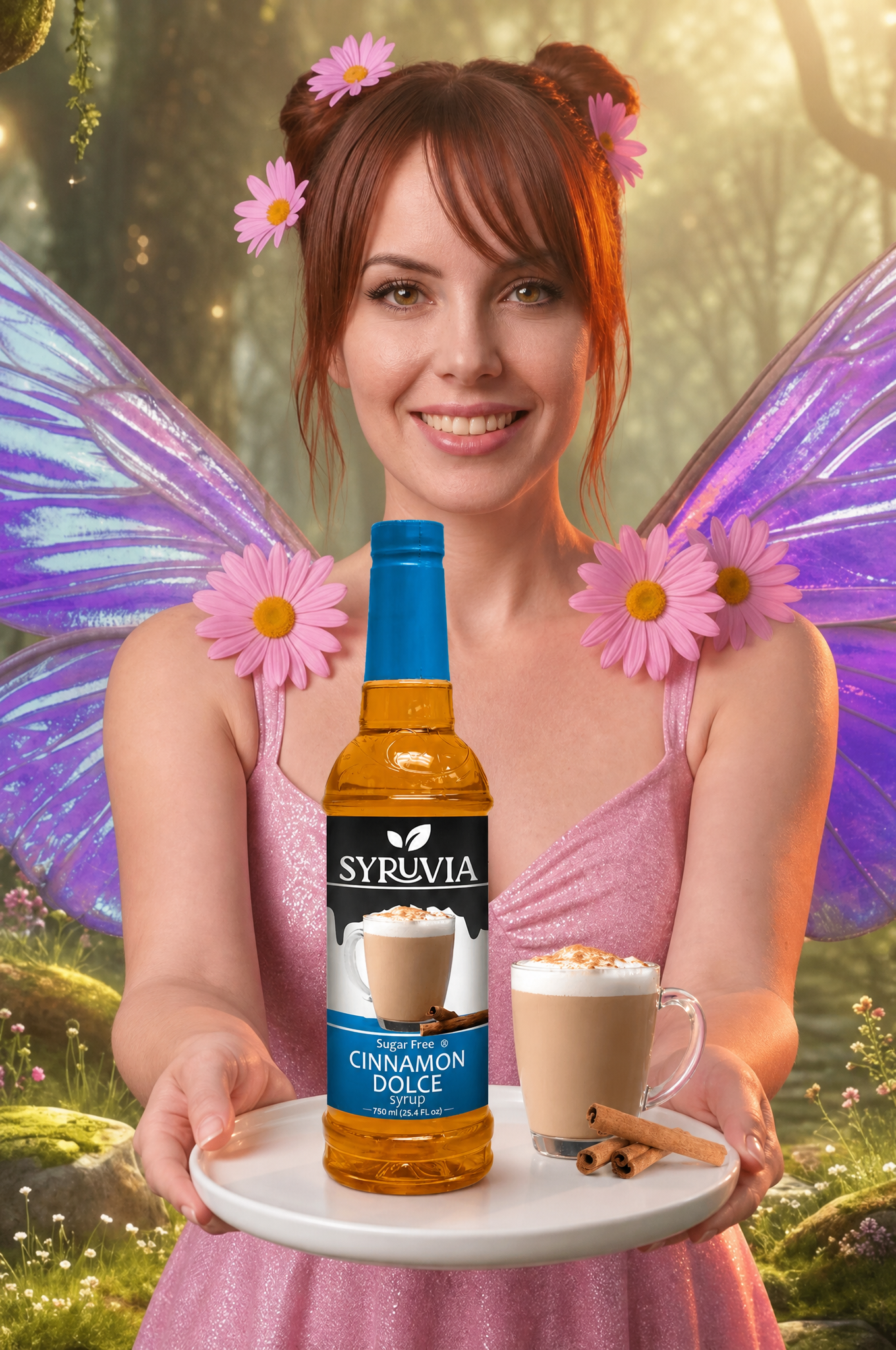 Woman with fairy wings holding a tray with a bottle and cocktail, smiling against a glowing backdrop