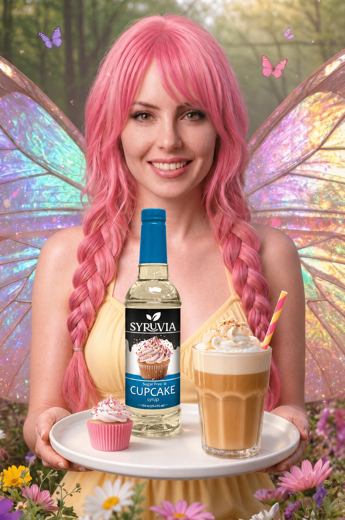 Smiling woman with pink braids holds a tray with a bottle, latte, and cupcake, with fairy wings behind her.