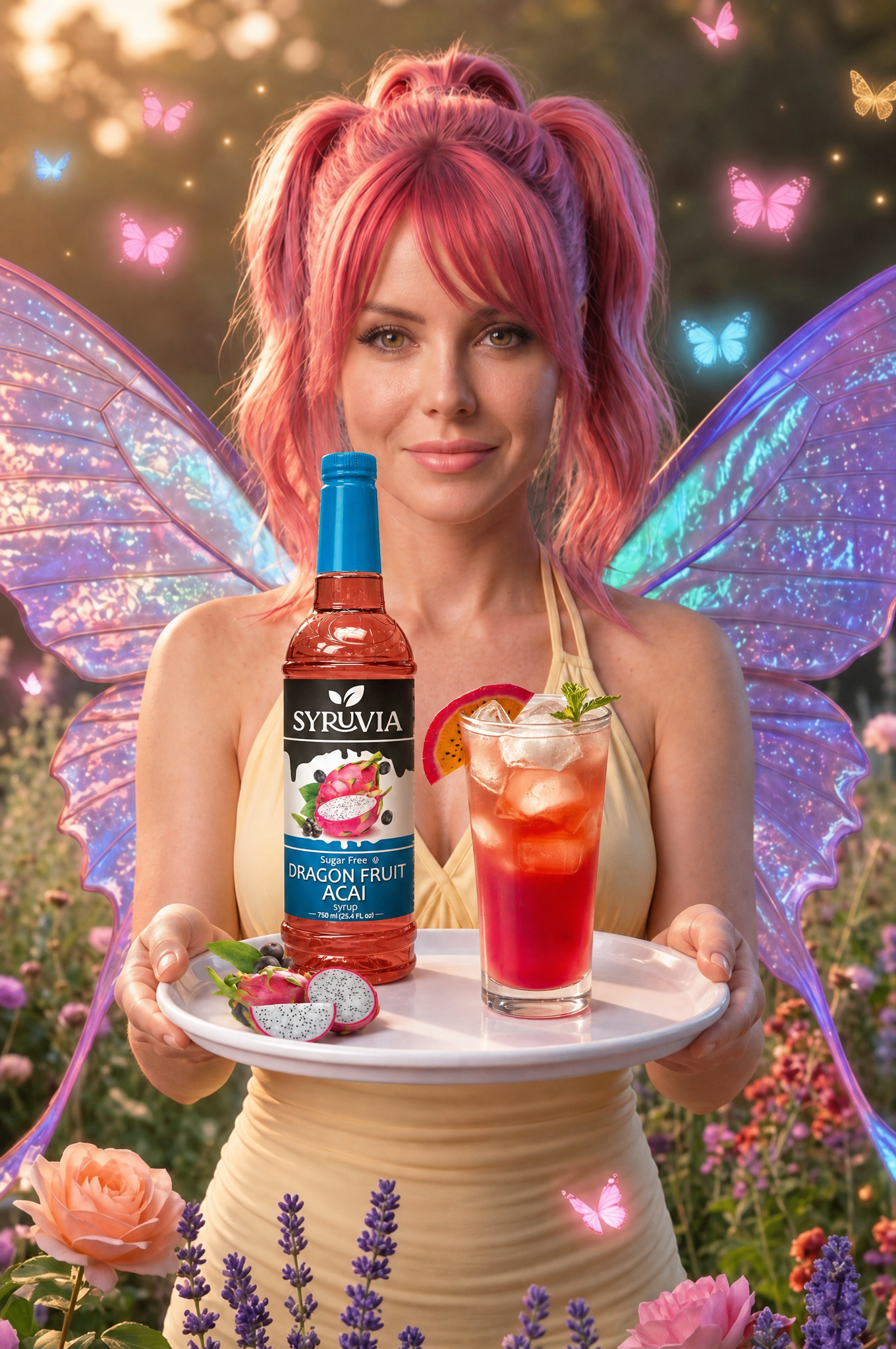 Pink-haired woman with fairy wings holding a tray with a wine bottle, cocktails, and strawberries in a magical garden