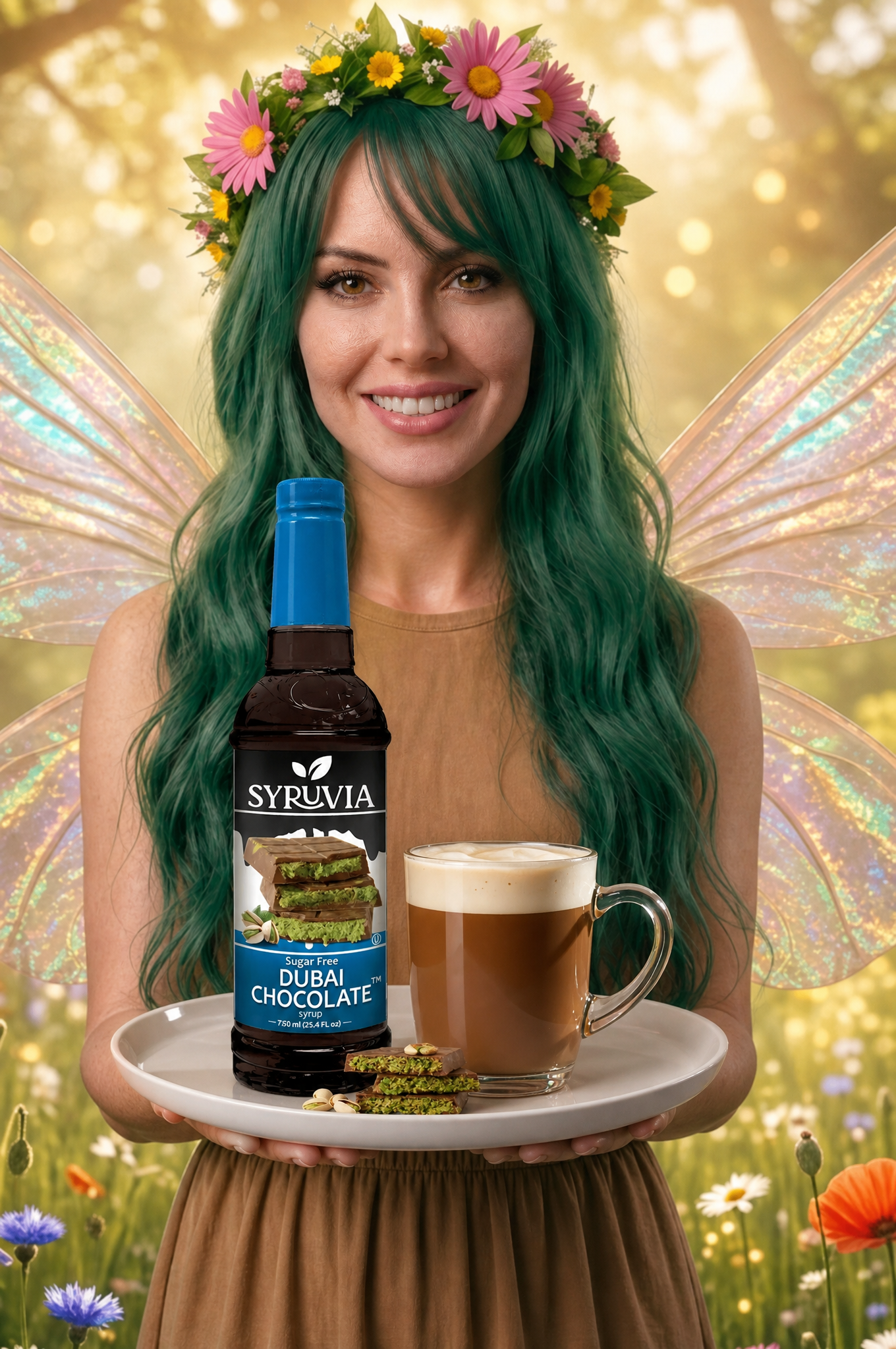 Woman with green hair holding a tray with a coffee bottle and mug in a flowered, glowing outdoor scene