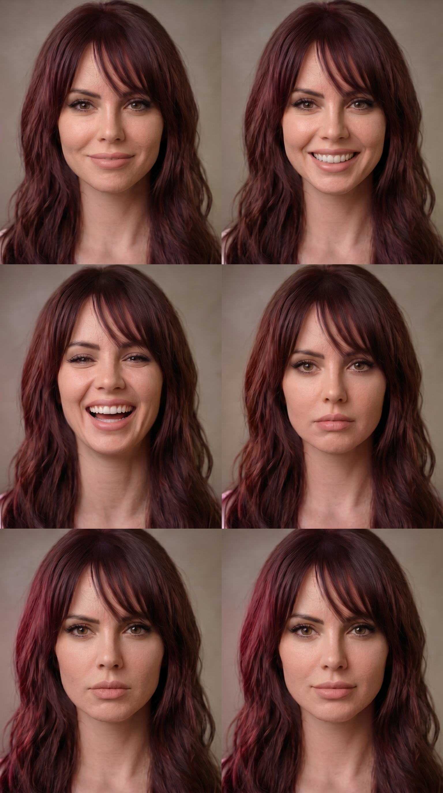 Six portraits of a woman with brown hair, showing different facial expressions on a plain background