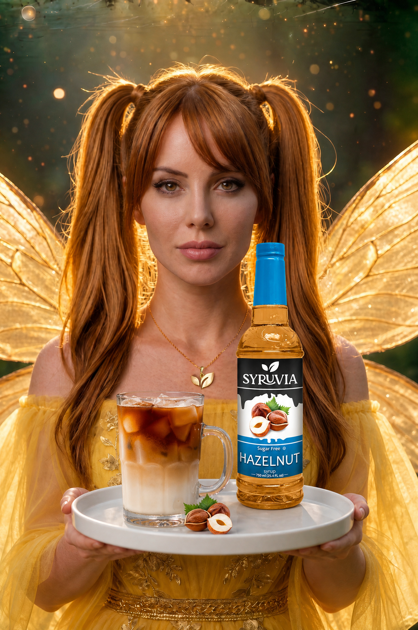 Woman in gold dress holding a tray with a cocktail and bottle, framed by glowing golden wings.