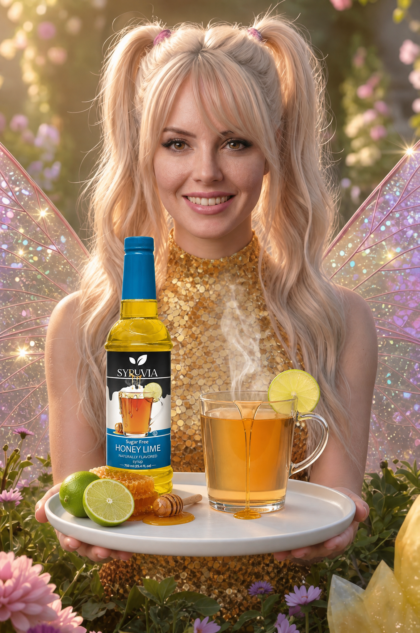Woman holding a tray with a bottle, drink, lime slices, and a lemon cocktail in a sparkling floral setting