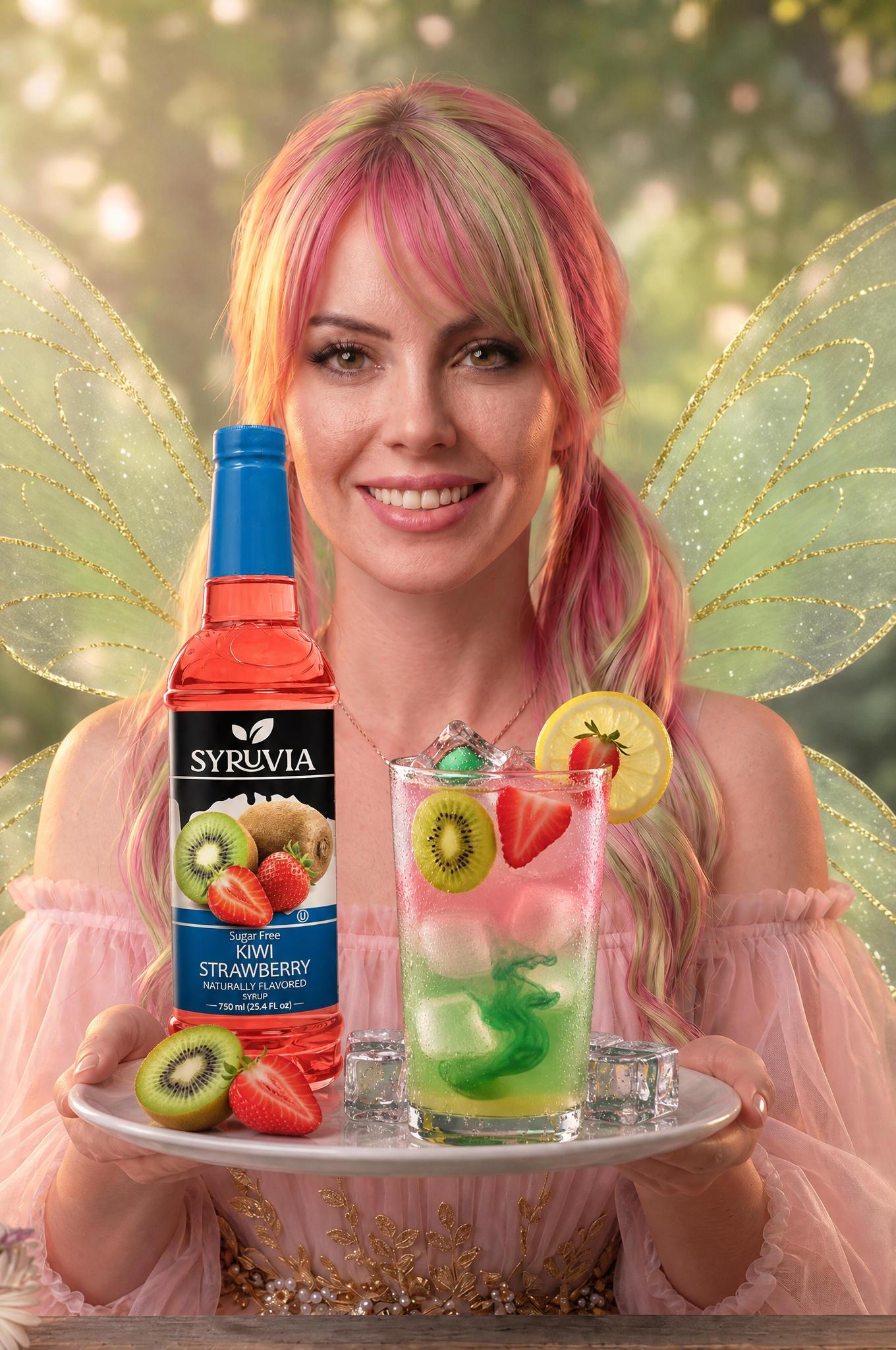 Woman holding a tray with a bottle of red cocktail mix and two colorful fruit drinks