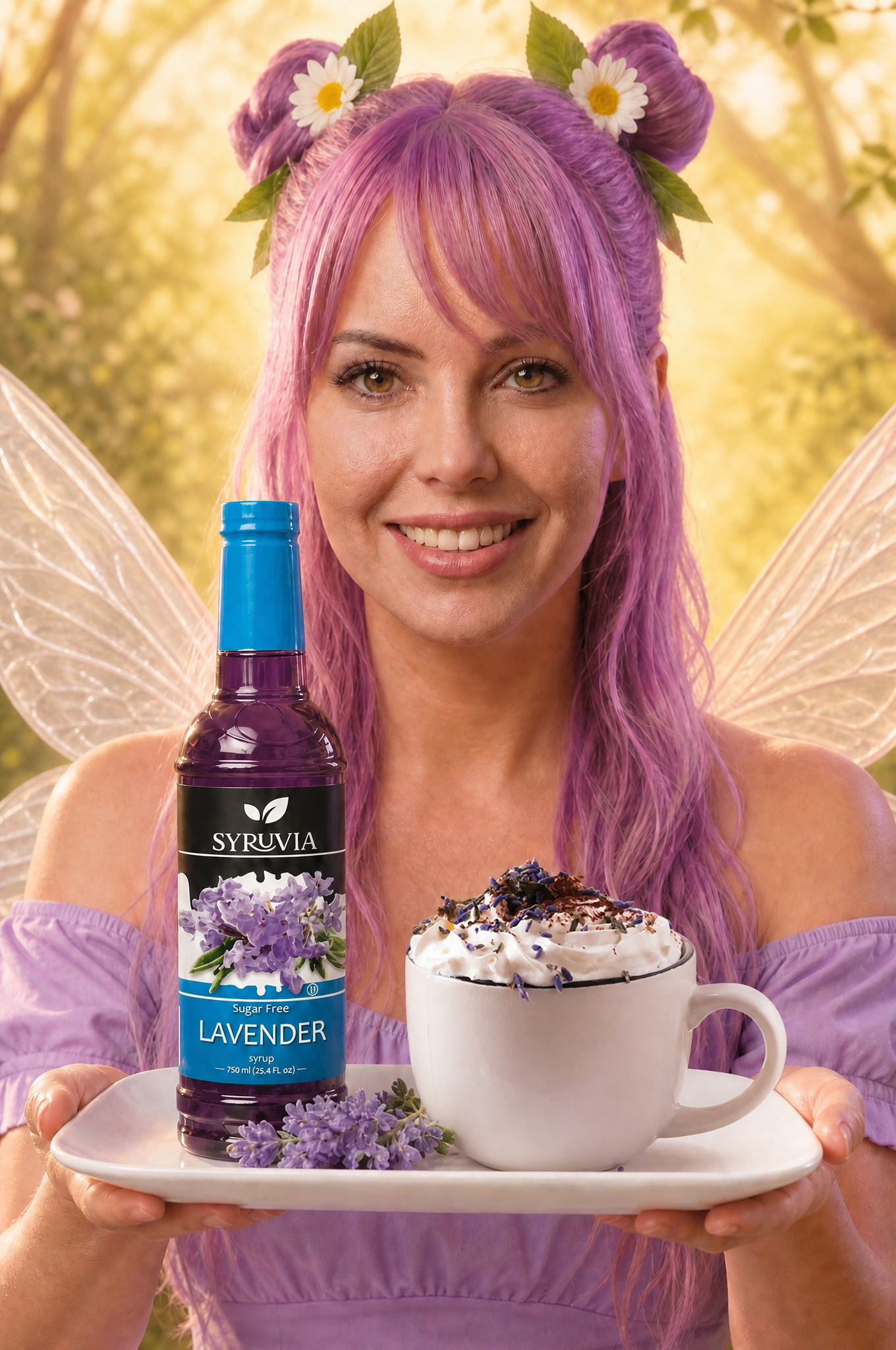 Purple-haired woman smiling, holding a tray with a bottled drink and whipped dessert against a warm floral background