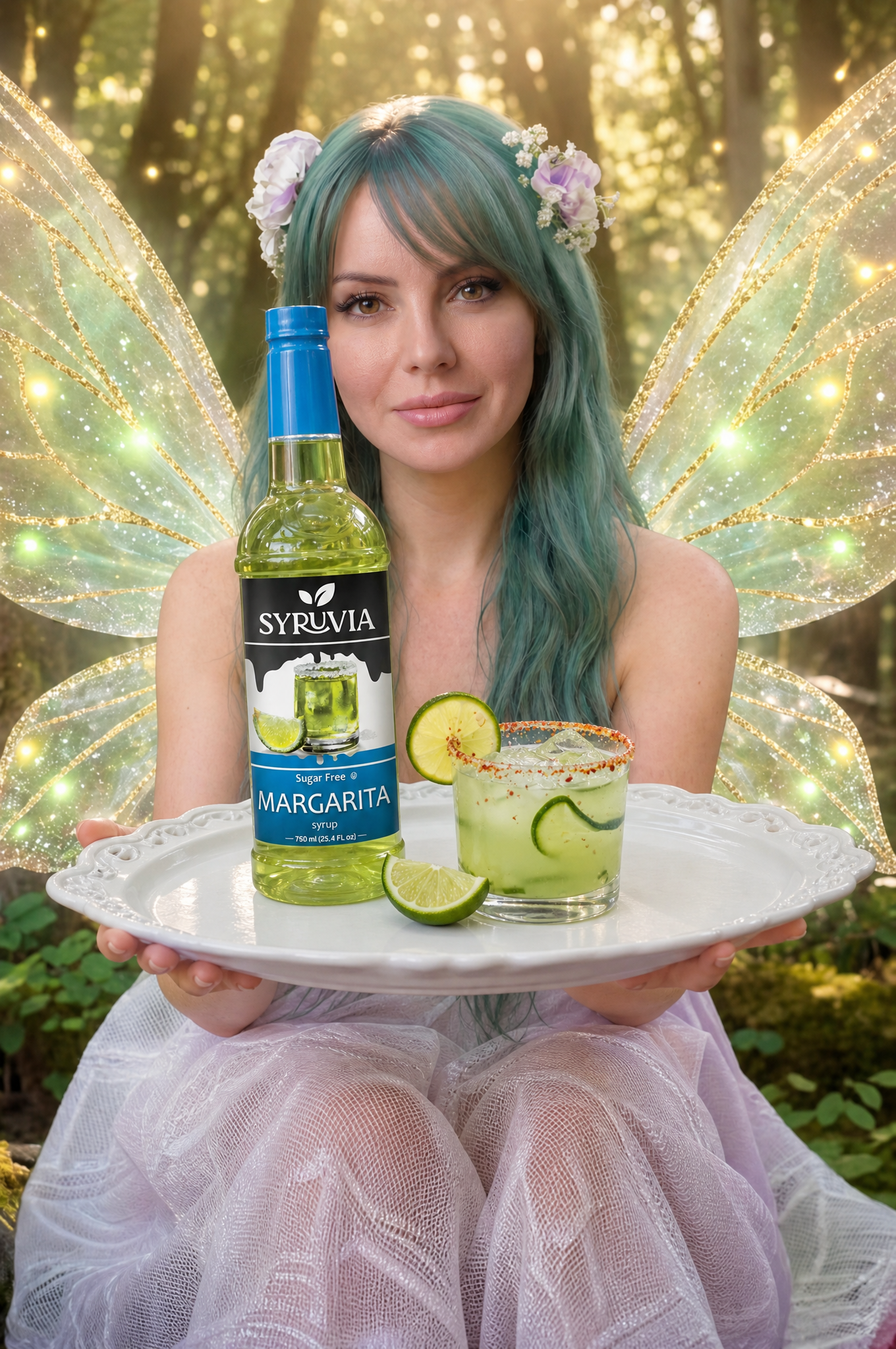 Woman with teal hair holding a tray with a blue bottle and two lime drinks amid glowing fairy lights